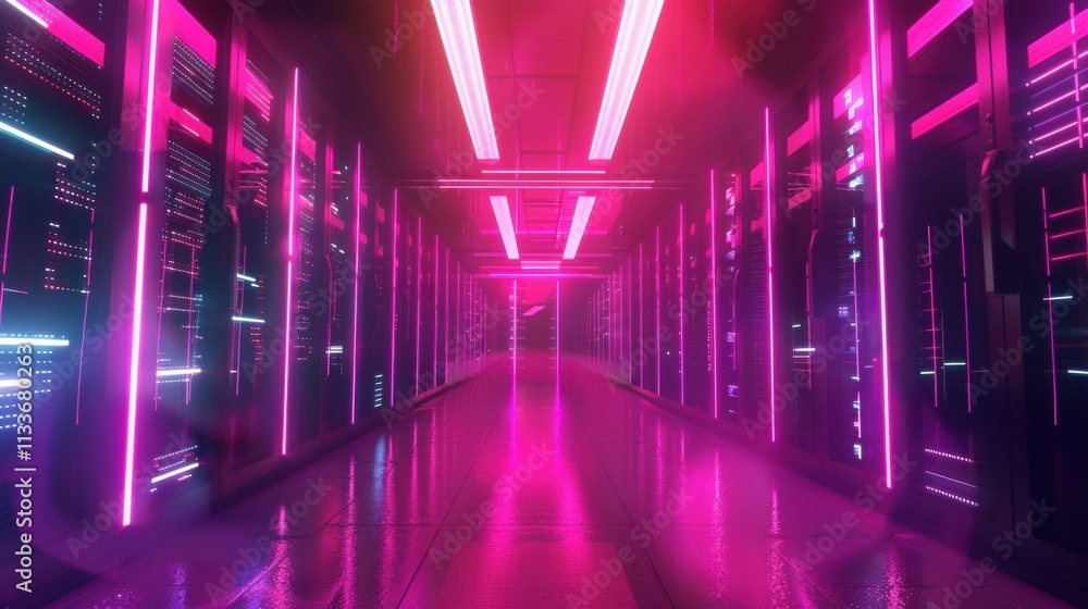 Poster powerful servers processing big data in a modern data center illuminated by vibrant neon lights, cre