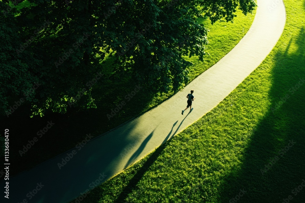 Poster a solitary runner traverses a winding path in a verdant park, surrounded by vibrant grass and shady 