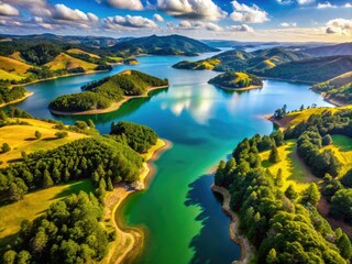 Breathtaking aerial drone shot of Crystal Springs Reservoir, showcasing California's stunning landscape.