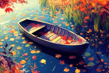 Fototapeta premium The tranquil scene is enhanced by the autumn leaves floating upon the water.