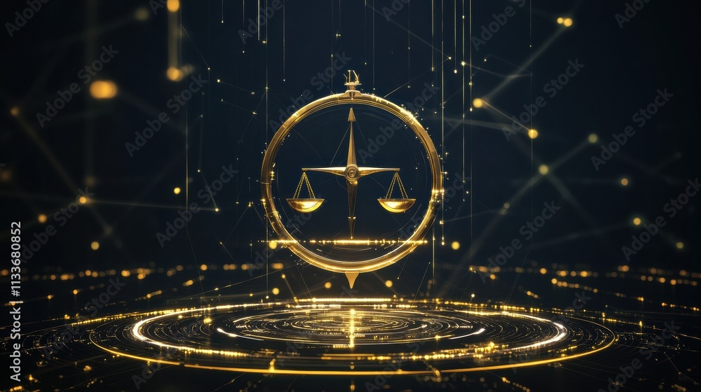 Poster a golden compass with scales represents guidance toward ethical use of ai, emphasizing transparency 