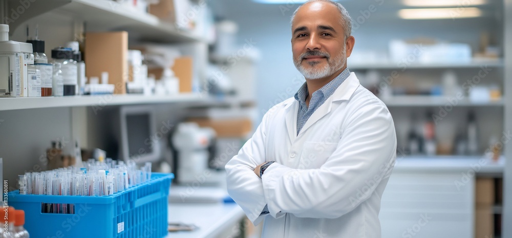 Aufkleber a scientist in a lab coat stands confidently in a laboratory setting.