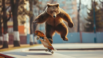 adorable bear on a skateboard under the urban sunshine