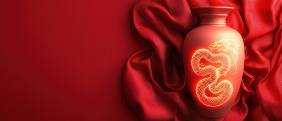 Happy Chinese New Year, Lunar Snake Year. Elegant red vase with a dragon design on a rich, textured background.