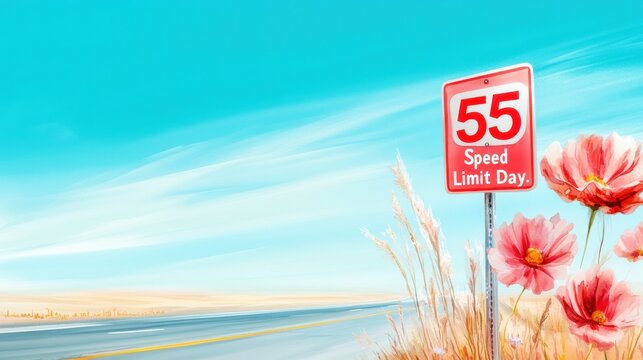An artistic illustration of a road with a 55 mph speed limit sign surrounded by vibrant wildflowers under a clear blue sky, symbolizing 55 mph Speed Limit Day.