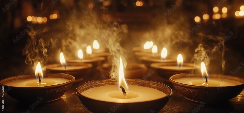 Poster a serene display of lit candles with gentle smoke rising, creating a calming ambiance.