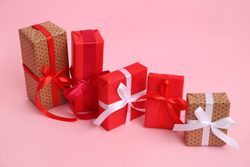 Gift boxes on pink background. Valentine's Day celebration