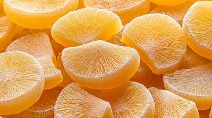 Close-up macro shot of golden fermented orange slices, showcasing intricate textures and vibrant...