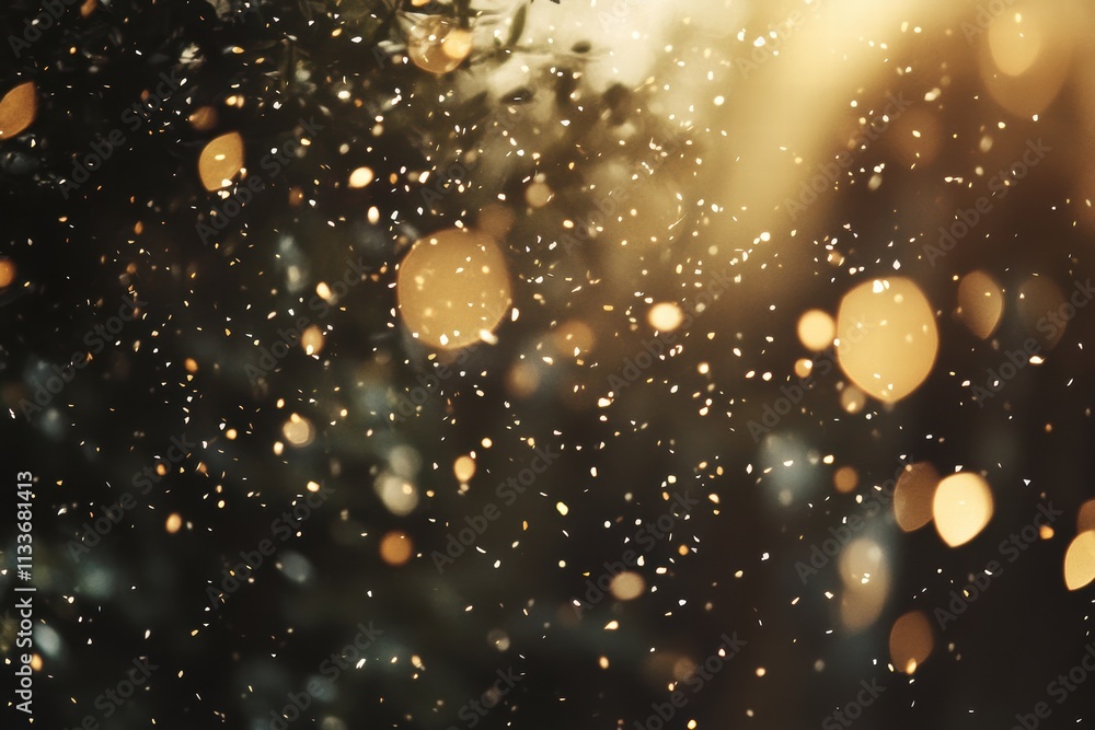 Poster a beautiful scene of shimmering golden bokeh lights softly illuminated by sunlight, creating a magic