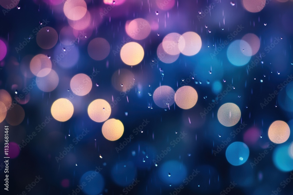 Poster a mesmerizing blend of colorful bokeh lights against a rainy backdrop, creating a dreamy and vivid a