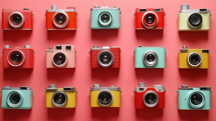 Colorful Vintage Cameras Arranged on Pink Background