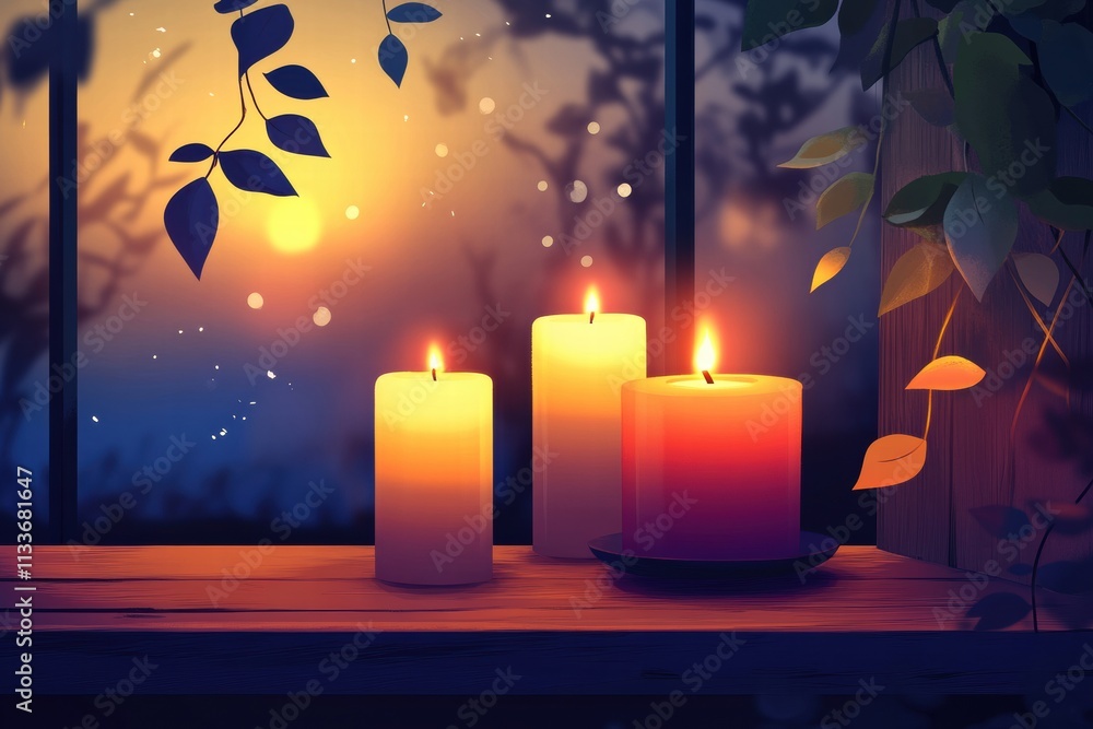 Poster serene candles glow softly by a window, creating a tranquil atmosphere with warm light and gentle na
