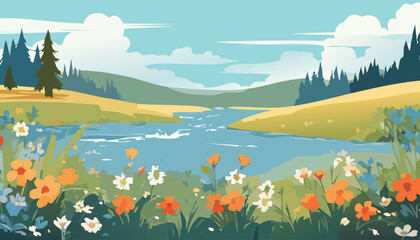 Fototapeta premium Beautiful summer landscape with river and meadow. Vector illustration.