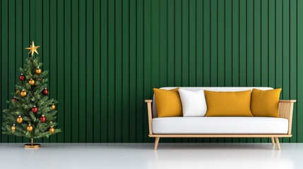 A cozy living room featuring a stylish white sofa with yellow cushions and a decorated Christmas tree against a deep green wall.