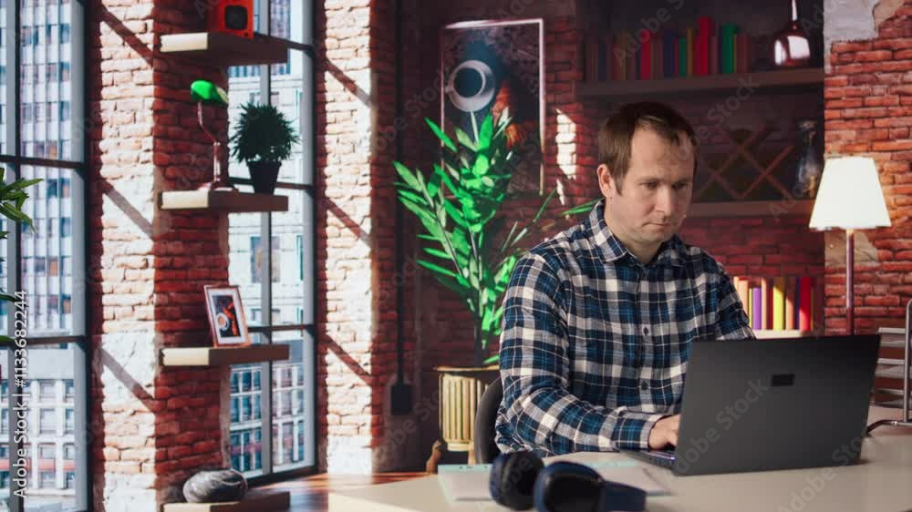 Aufkleber man seated at home office desk using laptop, checking emails displayed on screen, reading messages i