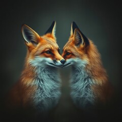 Obraz premium A charming fox couple gazes into each other's eyes in a dreamy forest ambiance, capturing the essence of love and connection on Valentine's Day