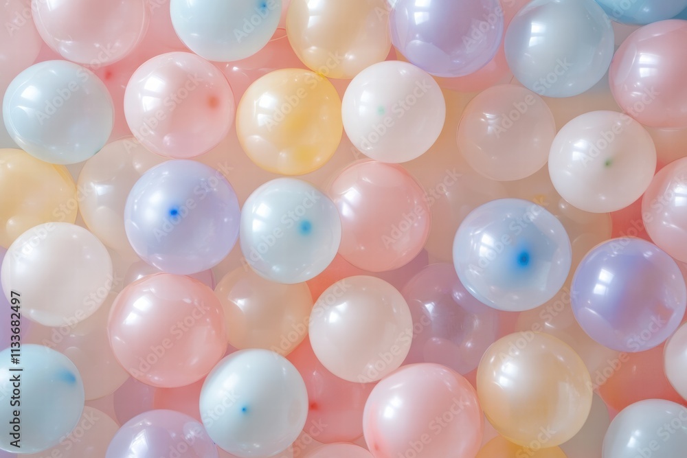 Poster a colorful array of pastel balloons, enhancing the festive atmosphere with soft hues and playful cha
