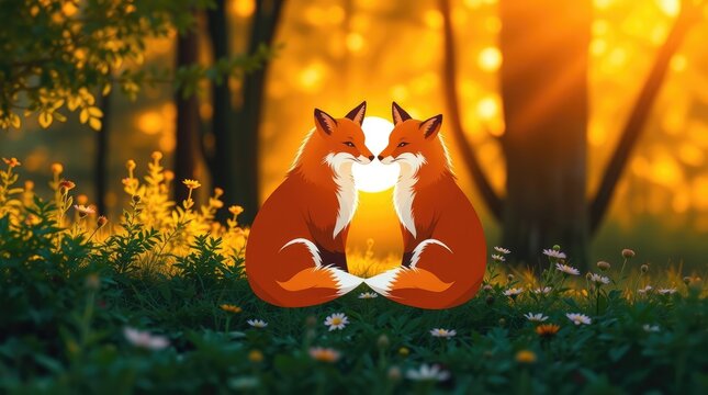 In a tranquil meadow at sunset, a pair of romantic foxes share an intimate moment, embodying love and connection on this special lovers' day, surrounded by blooming flowers