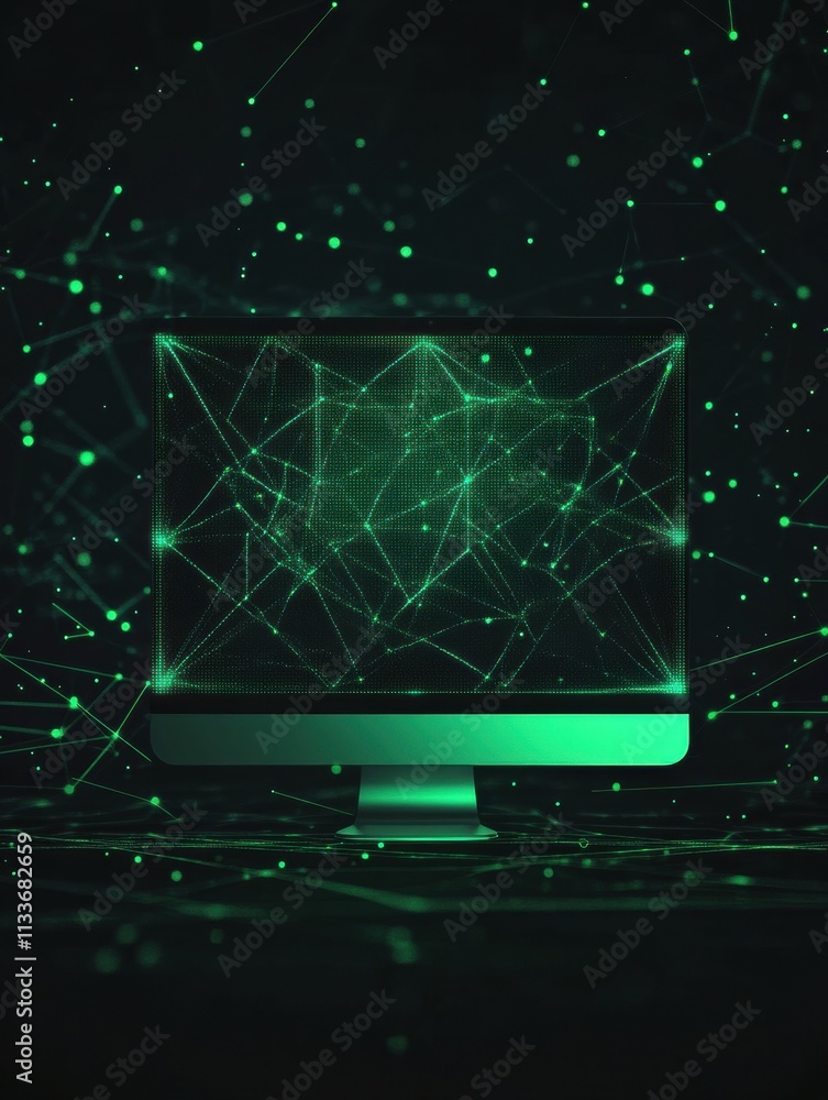 Fototapete A glowing network grid surrounds a simple monitor icon in green text, emphasizing the importance of digital connectivity and support in technology. Generative AI