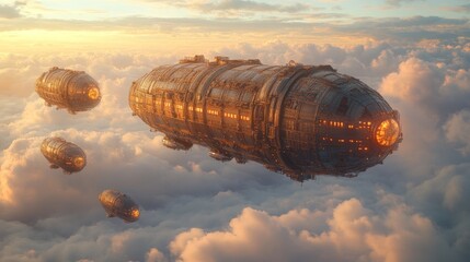 Obraz premium Spaceships fly above sunset clouds.