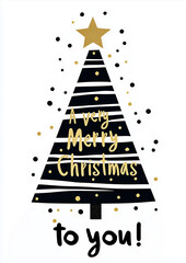 Fototapeta premium A Christmas card with a white background, featuring black stripes and dots forming the shape of a Christmas tree, and the text 