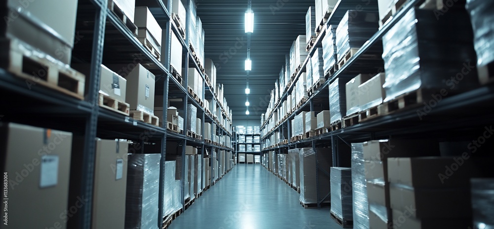 Poster a spacious warehouse filled with neatly stacked boxes on shelves.