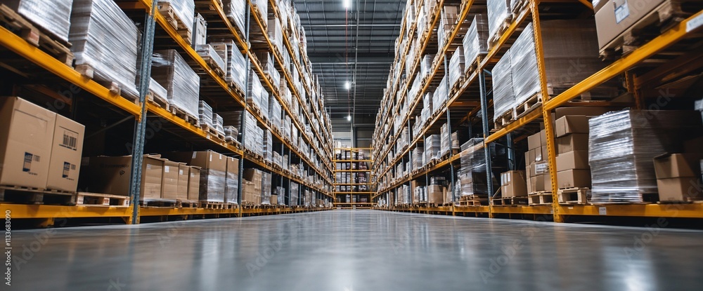 Poster a spacious warehouse filled with neatly stacked boxes on shelves.