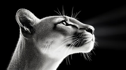 tranquil panther face, digital portrait in black and white, deep shadows, sense of danger, predator concept, isolated on black