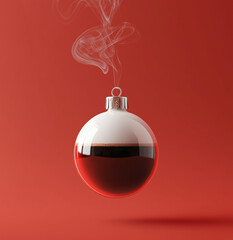 A white Christmas ornament filled with black coffee on a red background, with smoke rising from the top.
