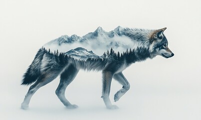 A wolf silhouette filled with a mountainous landscape and forest imagery.