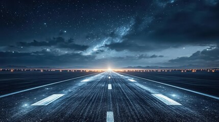 Obraz premium Asphalt airport runway with stunning nighttime lighting.