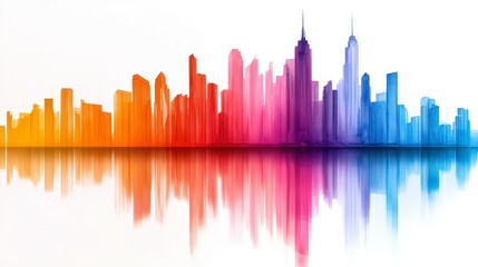 Obraz premium A vibrant skyline silhouette in gradient colors reflecting on a surface, evoking a modern urban atmosphere.
