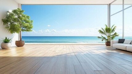 Minimalist space with an empty wall and a stunning beach view.