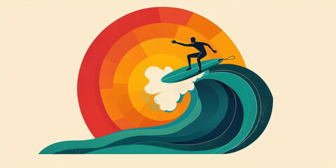 A vibrant illustration of a surfer riding a wave against a sunset backdrop, capturing the essence of beach culture and ocean adventure.