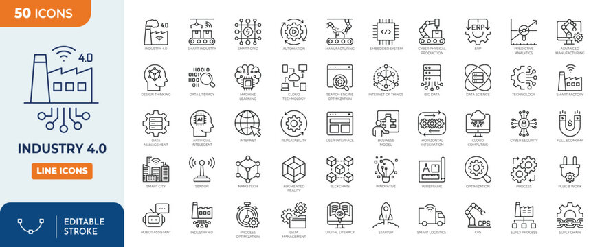 Industry 4.0 icon set. contain icons automation, smart industry, connection, cloud computing, iot, system integration, big data and more. Outline Icon Collection. Editable stroke. Vector illustration