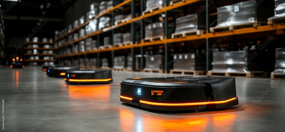 Leinwandbilder Automated robots navigating a warehouse for efficient inventory management.