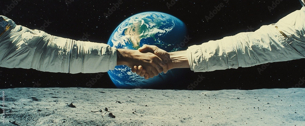 Poster astronauts shaking hands on the moon with earth in the background.