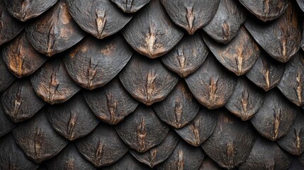 Fototapeta premium Close-up of overlapping, dark brown, textured scales