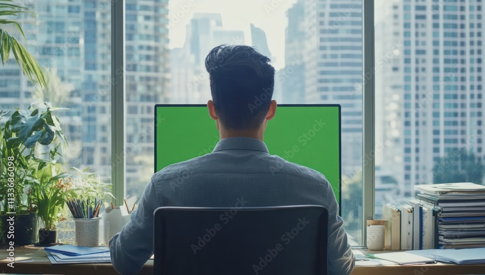 Aufkleber man working at desk with green screen computer, city view.