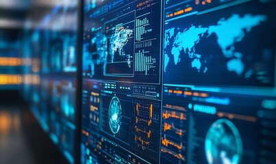 Fototapeta premium Digital interface displaying global data analytics and visualizations.