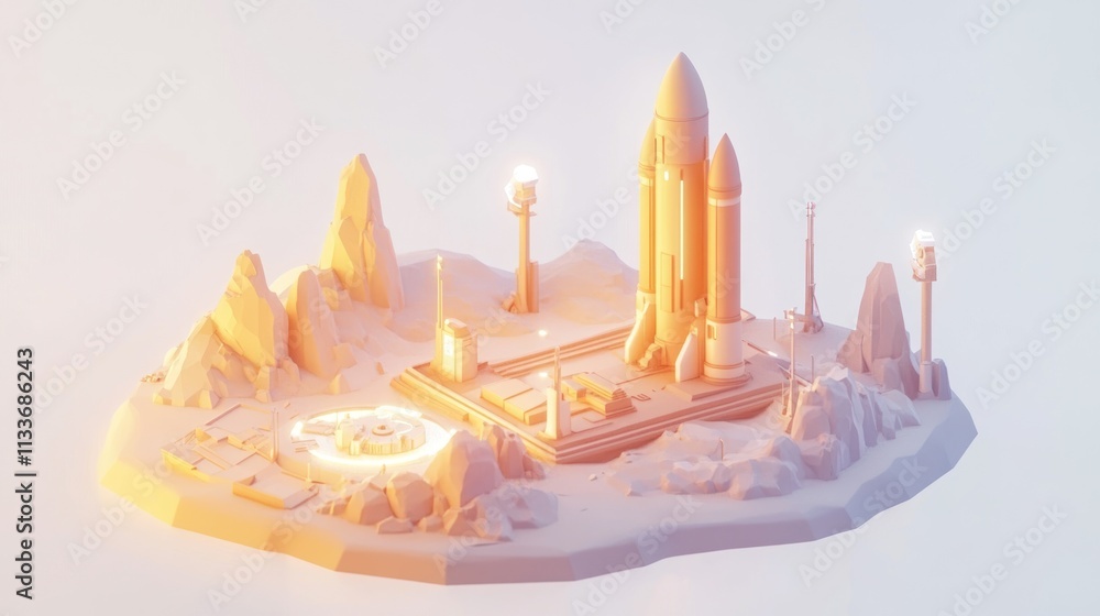 Poster Low-poly model of a space launch complex on an island.