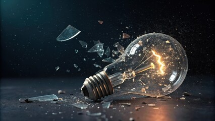 An artistic closeup of a shattered lightbulb stray shards sparkling like tiny stars against a dark background. The glow from the filament remnants evokes a sense of lost