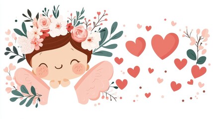 Cupid with floral crown and hearts, vector illustration, isolated on white, whimsical and romantic, soft pinks and reds