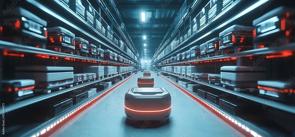 Fototapete futuristic warehouse with autonomous robots navigating storage aisles.
