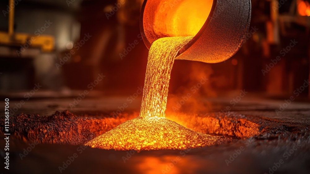 Poster molten metal flows into casting molds, creating bright flames and sparks in a bustling industrial ha
