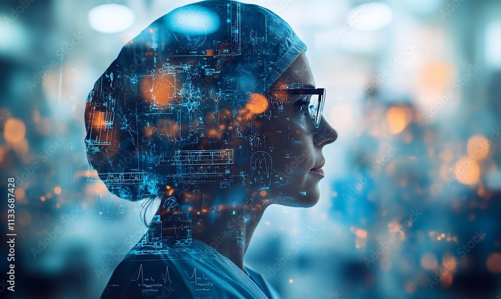 Poster profile of a healthcare professional with a digital overlay of data.