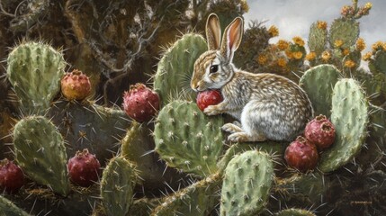 Obraz premium Rabbit Sitting on Cacti with Prickly Pear Fruit in Nature Scene