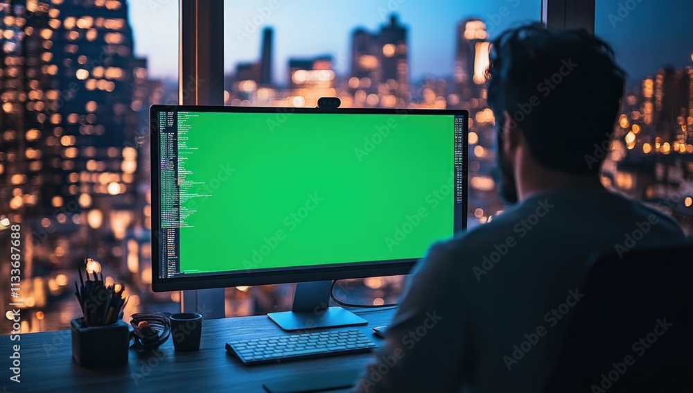 Poster man working late at night on computer with green screen, city view.