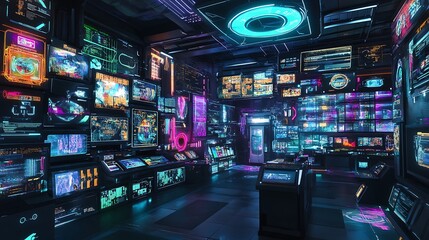 Futuristic Control Room with Neon Lights