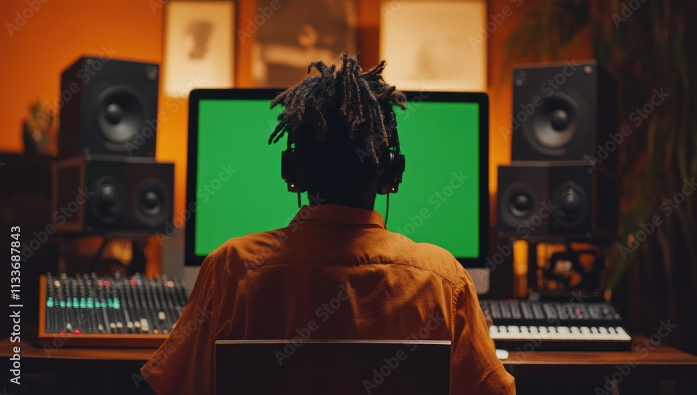 Poster man with headphones sits at a desk with a green screen computer, surrounded by audio equipment in a 
